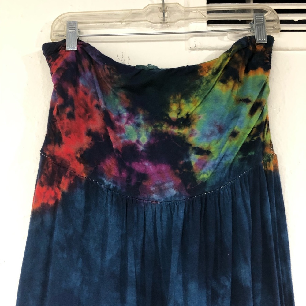 Tie Dye Brushed Rayon Strapless Upcycle Dress Sz M Navy Rainbow IRIS of LA